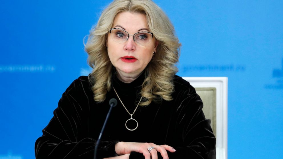 FILE - Russian Deputy Prime Minister Tatyana Golikova speaks to the media in Moscow, Russia, Dec. 10, 2020. The Russian government has decided to delay a controversial bill requiring QR codes confirming vaccination or recovery from COVID-19 to access