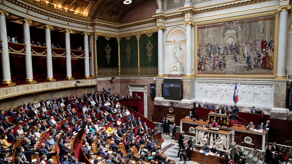 FILE- French Prime Minister Elisabeth Borne delivers a speech in the National Assembly in Paris, France, July 6, 2022. Lawmakers in France's lower house of parliament began debating a proposal Thursday, Nov. 24, 2022, to enshrine abortion rights in t