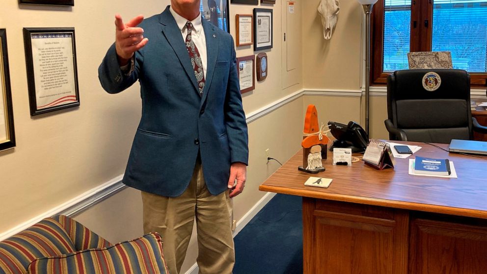Missouri state Sen. Mike Moon speaks in his Capitol office on Tuesday, Feb. 1, 2022, in Jefferson City, Mo., after the Senate failed to confirm the nomination of Don Kauerauf as director of the Missouri Department of Health and Senior Services. Moon,