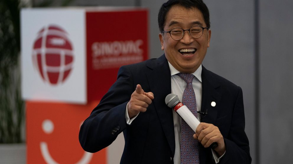 Yin Weidong, CEO of the Chinese pharmaceutical company SinoVac, speaks to journalists during a tour of a vaccine factory in Beijing on Thursday, Sept. 24, 2020. SinoVac, one of China's pharmaceutical companies behind a leading COVID-19 vaccine candid