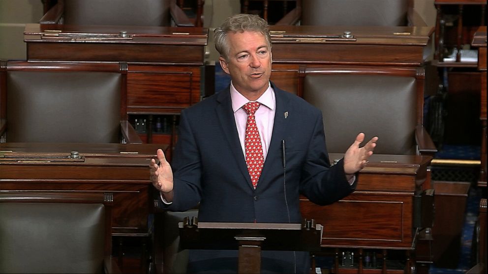 In this image from video, Sen. Rand Paul, R-Ky., speaks on the Senate floor at the U.S. Capitol in Washington, Wednesday, March 18, 2020. (Senate Television via AP)