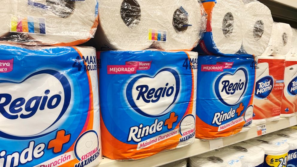 This Sept. 4, 2020, photo, shows Regio, a Mexican toilet paper brand, on the shelf at a CVS in New York. Demand for toilet paper has been so high during the pandemic that in order to keep their shelves stocked, retailers across the country are buying