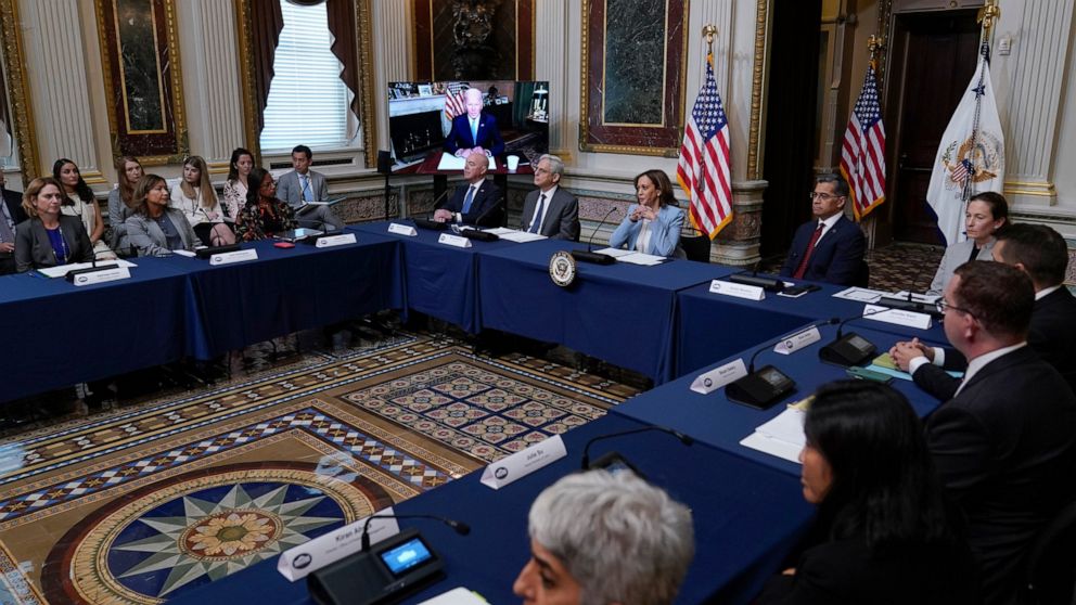 President Joe Biden speaks virtually from the Indian Treaty Room on the White House complex in Washington, Wednesday, Aug. 3, 2022, on securing access to reproductive and other health during the first meeting of the interagency Task Force on Reproduc