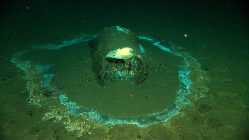 In this 2011 image provided by the University of California Santa Barbara, a barrel sits on the seafloor near the coast of Catalina Island, Calif. Marine scientists say they have found what they believe to be as many as 25,000 barrels that possibly c