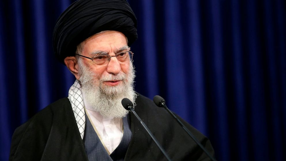 FILE - In this picture released by an official website of the office of the Iranian supreme leader, Supreme Leader Ayatollah Ali Khamenei addresses the nation in a televised speech in Tehran, Iran, Friday, Jan. 8, 2021. in Tehran, Iran. Twitter says 