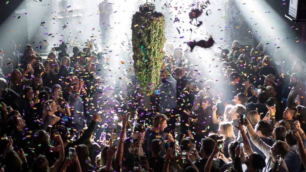 FILE - In this Oct. 17, 2018, file photo a depiction of a cannabis bud drops from the ceiling at Leafly's countdown party in Toronto as midnight passes and marks the first day of the legalization of cannabis across Canada. The last year was a 12-mont
