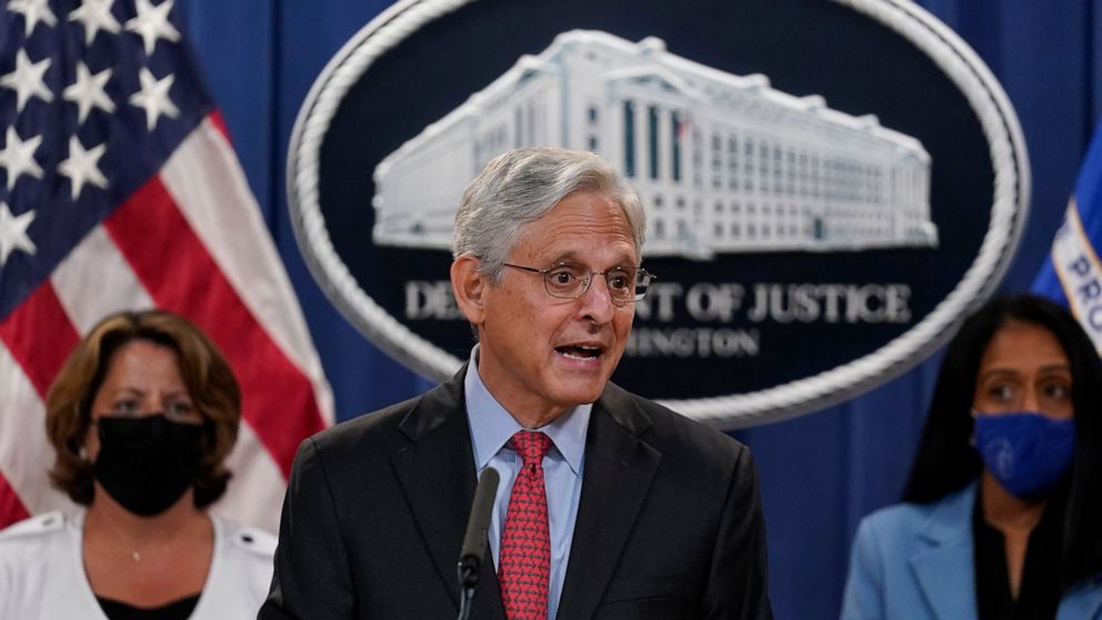 Attorney General Merrick Garland announces a lawsuit to block the enforcement of new Texas law that bans most abortions at the Justice Department in Washington, Thursday, Sept. 9, 2021. (AP Photo/J. Scott Applewhite)