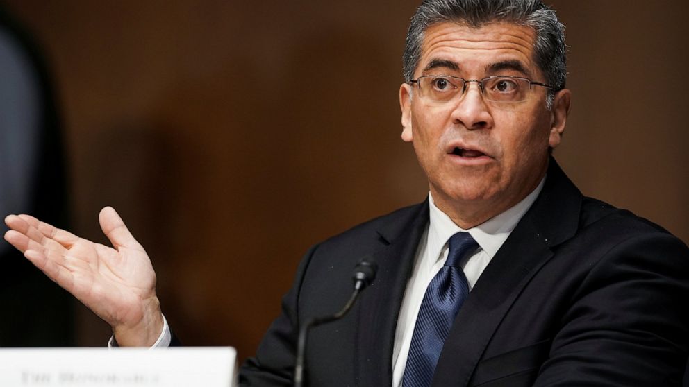 In this feb. 24, 2021, photo, Xavier Becerra testifies during a Senate Finance Committee hearing on his nomination to be secretary of Health and Human Services on Capitol Hill in Washington. President Joe Biden’s pick for health secretary is taking h