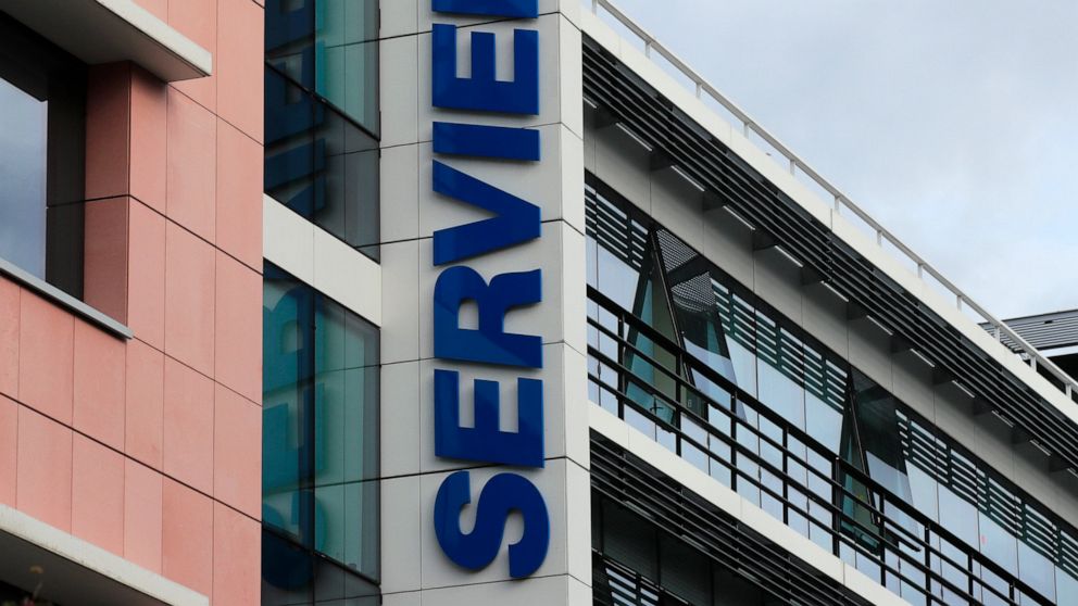 FILE -In this Monday, Sept. 3, 2019 file photo, the logo is pictured of the pharmaceutical giant Servier Laboratoires in Suresnes, outside Paris. French pharmaceutical company Servier Laboratories is facing millions of euros in potential fines after 
