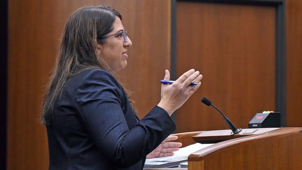 Meetra Mehdizadeh, staff attorney at the Center for Reproductive Rights, argues before the North Dakota Supreme Court on Tuesday, Nov. 29, 2022, in Bismarck, N.D. (Tom Stromme/The Bismarck Tribune via AP)