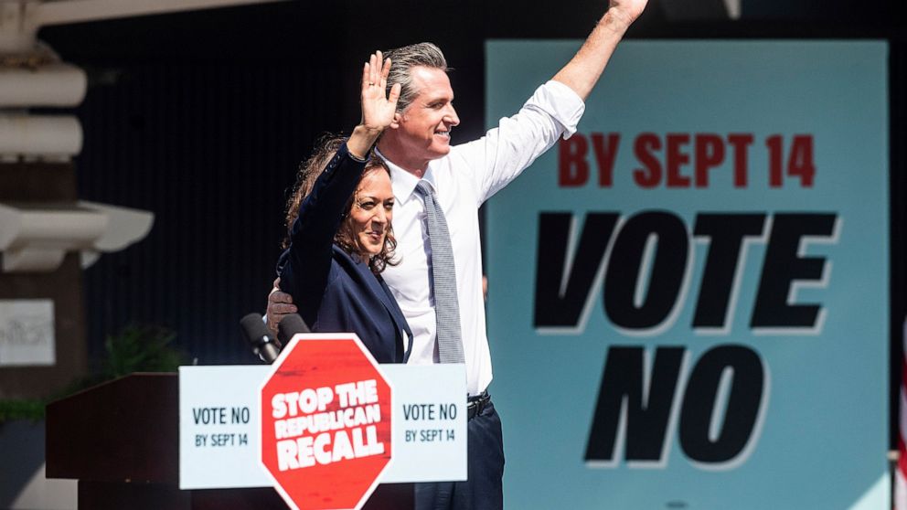 Vice President Kamala Harris joins California Gov. Gavin Newsom at a rally against the California gubernatorial recall election on Wednesday, Sept. 8, 2021, in San Leandro, Calif. Harris highlighted new abortion restrictions in Texas t offer a contra
