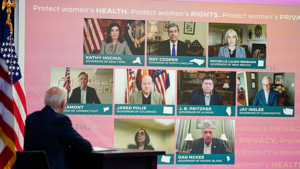 President Joe Biden participates in a virtual meeting with Democratic governors on the issue of abortion rights, in the South Court Auditorium on the White House campus, Friday, July 1, 2022, in Washington. (AP Photo/Evan Vucci)