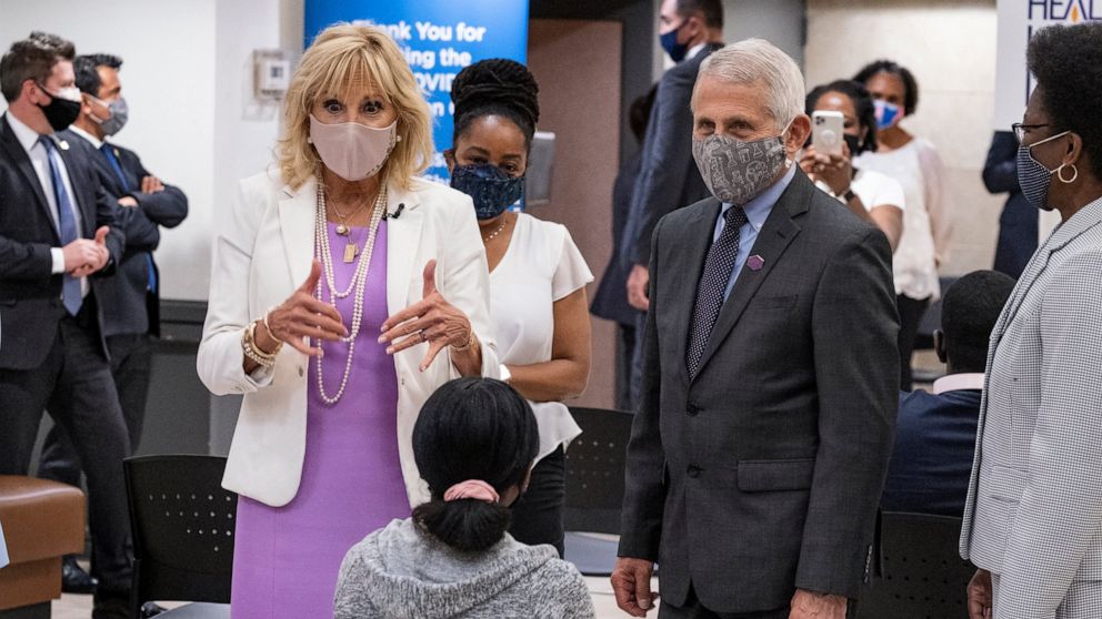 First lady Jill Biden, center left, and Dr. Anthony Fauci, director of the National Institute of Allergy and Infectious Diseases, visit a vaccine clinic at the Abyssinian Baptist Church in the Harlem neighborhood of New York Sunday, June 6, 2021. (AP
