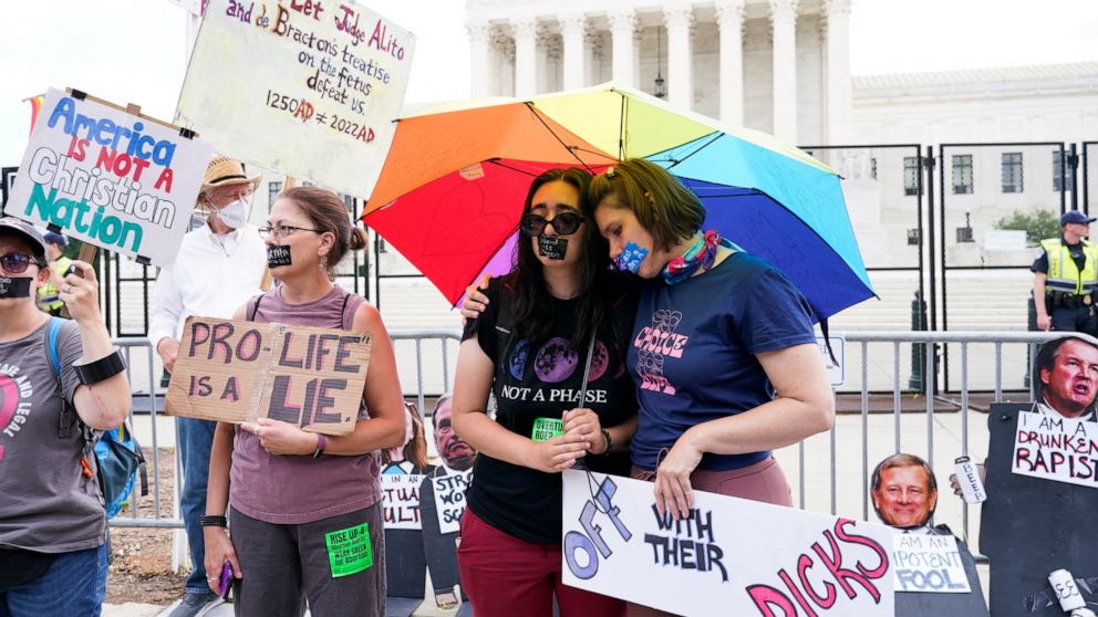 Abortion-rights activists react outside the Supreme Court in Washington, Friday, June 24, 2022. The Supreme Court has ended constitutional protections for abortion that had been in place nearly 50 years in a decision by its conservative majority to o