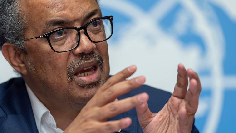 FILE - In this Thursday, March 14, 2019 file photo, Tedros Adhanom Ghebreyesus, Director-General of the World Health Organization (WHO) speaks at the European headquarters of the United Nations in Geneva, Switzerland about the update on WHO Ebola ope