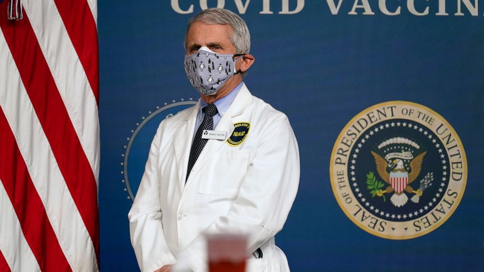 Dr. Anthony Fauci, director of the National Institute of Allergy and Infectious Diseases, listens as President Joe Biden speaks during an event to commemorate the 50 millionth COVID-19 shot, in the South Court Auditorium on the White House campus, Th