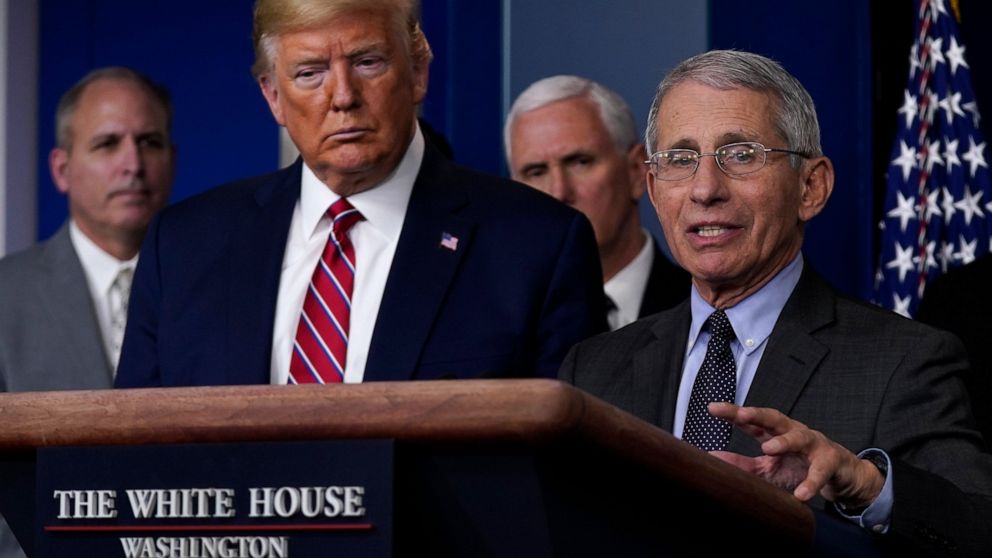 President Donald Trump listens as Director of the National Institute of Allergy and Infectious Diseases Dr. Anthony Fauci speaks during a coronavirus task force briefing at the White House, Friday, March 20, 2020, in Washington. (AP Photo/Evan Vucci)