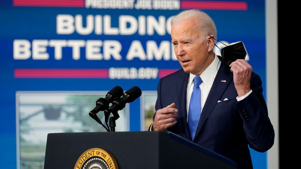 President Joe Biden begins to speak about the Bipartisan Infrastructure Law at the South Court Auditorium in the Eisenhower Executive Office Building on the White House Campus in Washington, Friday, Jan. 14, 2022. (AP Photo/Andrew Harnik)