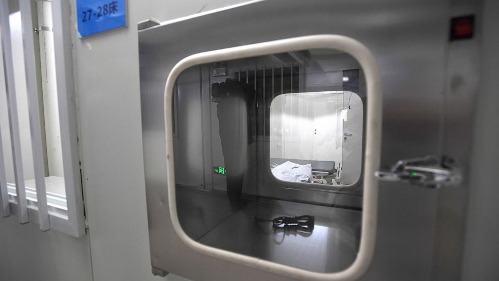 An isolation unit is seen at the Huoshenshan temporary field hospital in Wuhan in central China's Hubei Province, Sunday, Feb. 2, 2020. The Philippines on Sunday reported the first death from a new virus outside of China, where authorities delayed th