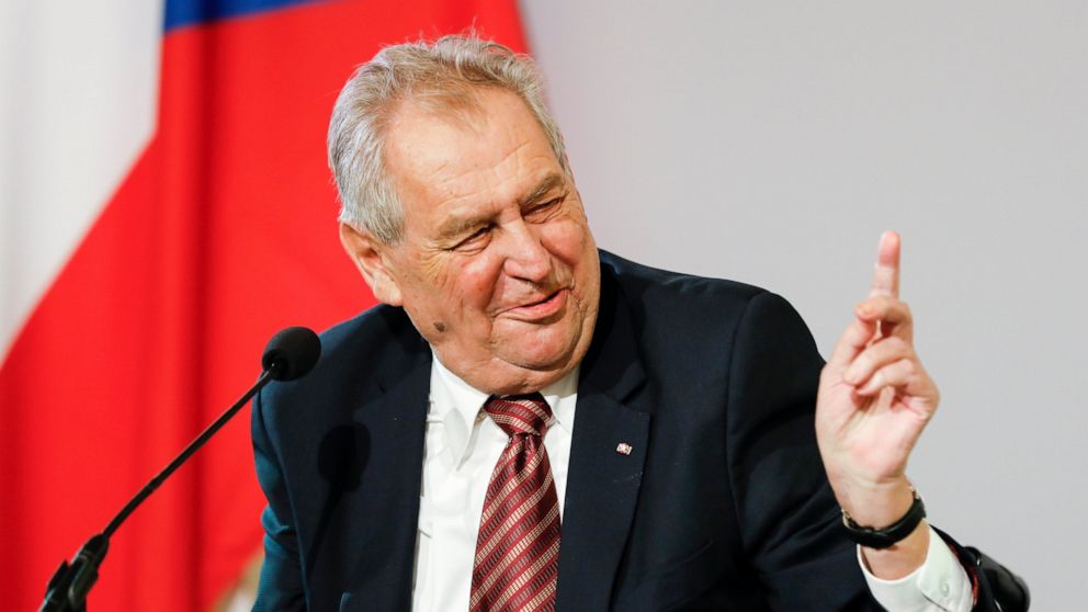 FILE - In this Thursday, June 10, 2021 file photo, the President of the Czech Republic Milos Zeman addresses the media during a joint press conference after their meeting at the Hofburg palace with the Austrian President Alexander Van der Bellen in V