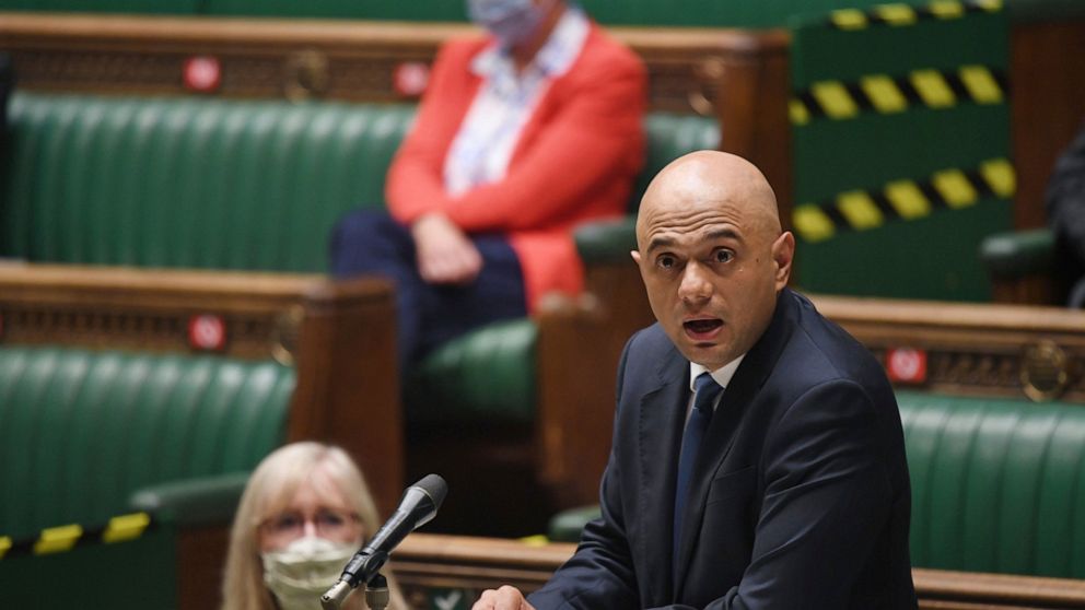 In this handout photo provided by UK Parliament, Britain's Health Secretary Sajid Javid updates MPs on the governments coronavirus plans, in the House of Commons, London, Monday, July 12, 2021. Britain’s health secretary has confirmed that all remain
