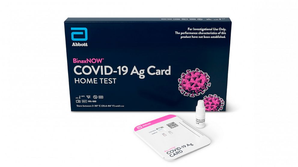 PHOTO: This image provided by Abbott Laboratories show the company's BinaxNOW Ag Card COVID-19 home test. The Food and Drug Administration on Wednesday, Dec. 16, 2020, authorized home use of the credit-card size test made by Abbott Laboratories.