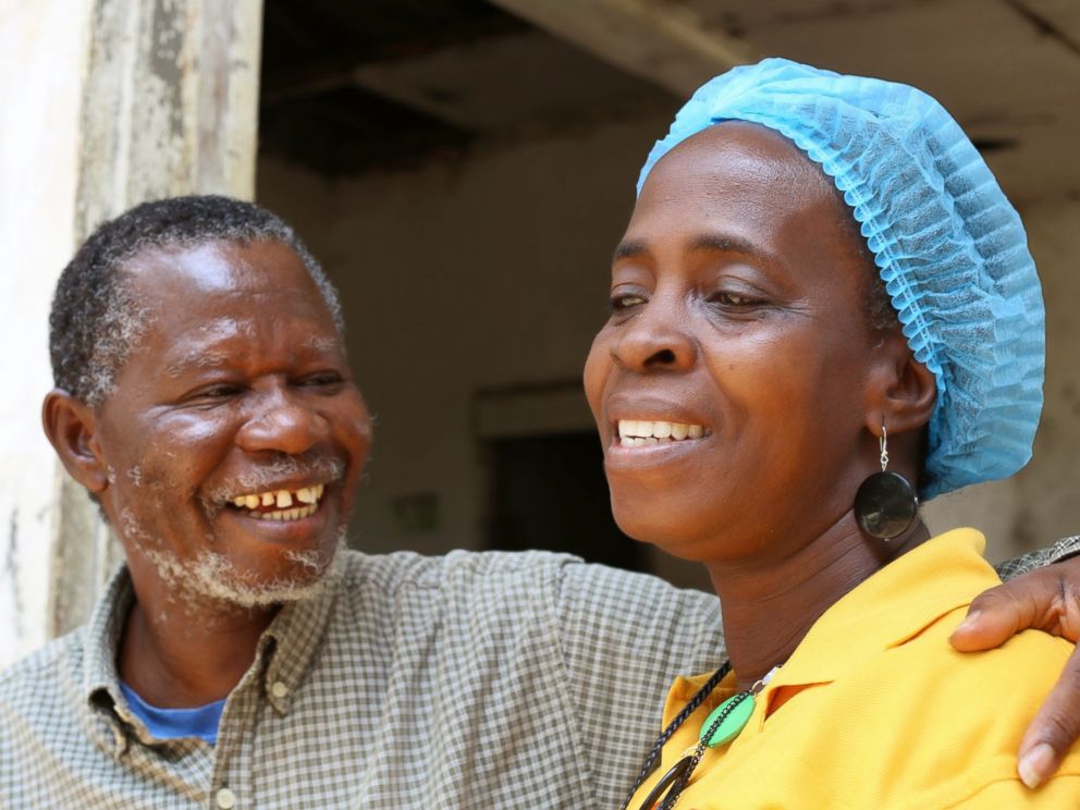 PHOTO: Beatrice Yardolo receives a hug from her husband, Steve Yardolo Sr., on the day of her release from a Chinese Ebola treatment unit in Monrovia, Liberia on March 5, 2015.