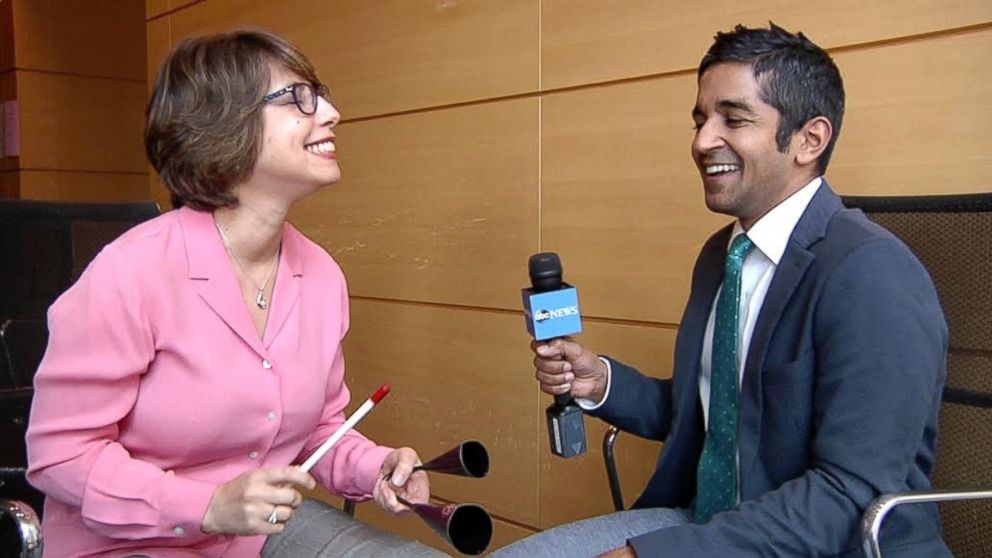 PHOTO: Memorial Sloan Kettering's Lead Music Therapist Karen Popkin shows ABC News contributor Dr. Alok Patel how she uses musical instruments to bring joy and relief to patients.