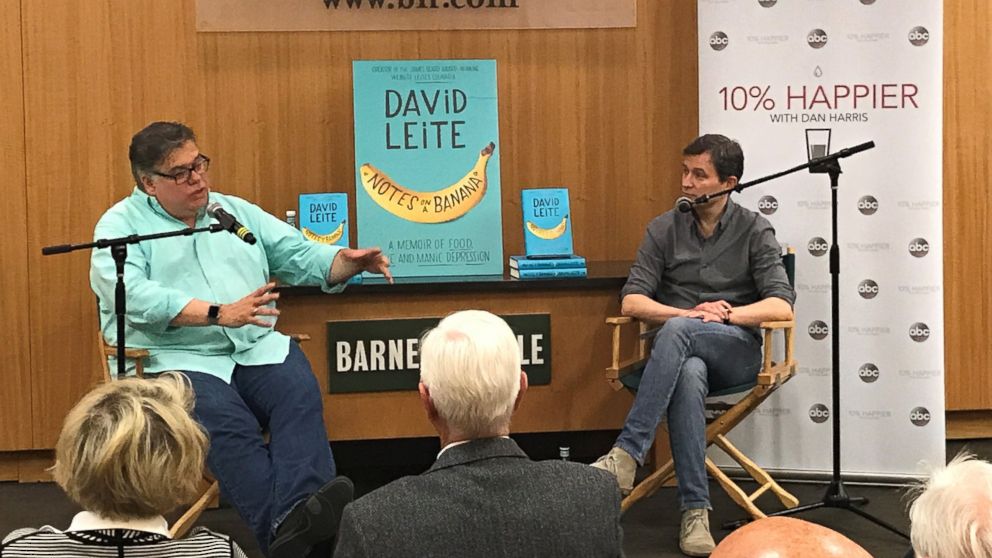 Author David Leite, left, is seen here with ABC News' Dan Harris, right, during a live discussion for the "10% Happier" podcast.