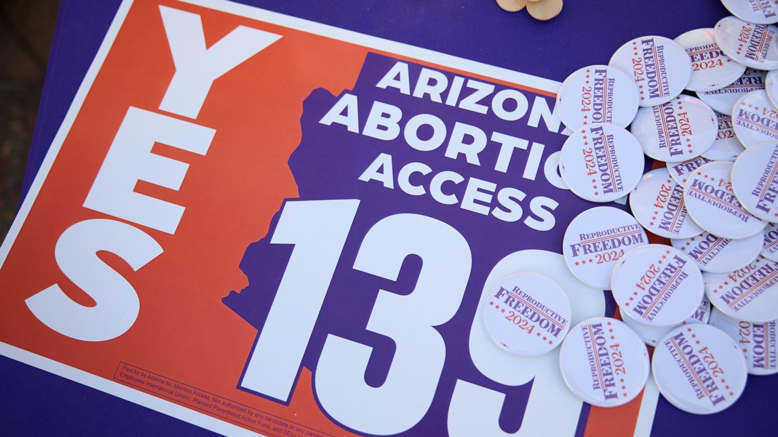 PHOTO: A sign is displayed to get students to vote yes on Proposition 139, for abortion access, on Election Day at Arizona State University in Tempe, Ariz., Nov. 5, 2024.