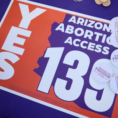 PHOTO: A sign is displayed to get students to vote yes on Proposition 139, for abortion access, on Election Day at Arizona State University in Tempe, Ariz., Nov. 5, 2024. 