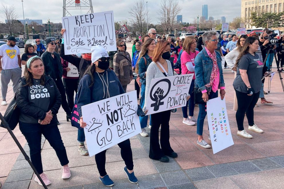 PHOTO: Abortion rights advocates gather outside the Oklahoma Capitol on April 5, 2022, in Oklahoma City, to protest several anti-abortion bills being considered by the GOP-led Legislature.