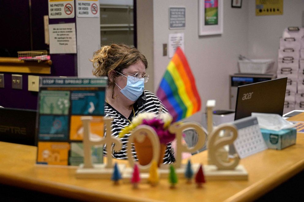 PHOTO: A staff member works at the reception desk at the Hope Clinic For Women in Granite City, Ill., on June 27, 2022.