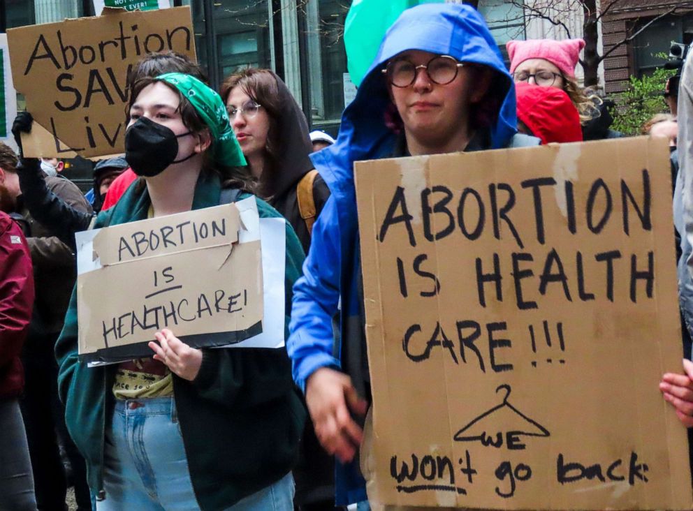 PHOTO: People gather at Federal Plaza to protest for abortion rights in Chicago, May 3, 2022.