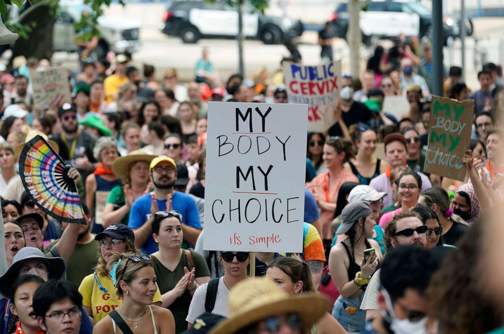 PHOTO: Demonstrators gather near the federal courthouse to protest the news that the U.S. Supreme Court could be poised to overturn the landmark Roe v. Wade case that legalized abortion nationwide, in Austin, Texas, May 3, 2022.