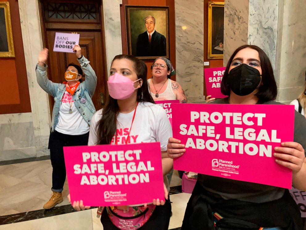 PHOTO: In this file photo dated April 13, 2022, abortion rights supporters sing at the Kentucky Capitol in Frankfort, Kentucky.