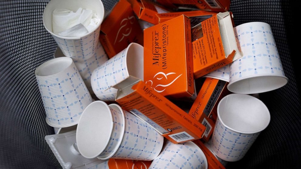 PHOTO: Used boxes of Mifepristone pills, the first drug used in a medical abortion, fill a trash at Alamo Women's Clinic in Albuquerque, N.M., Jan. 11, 2023.