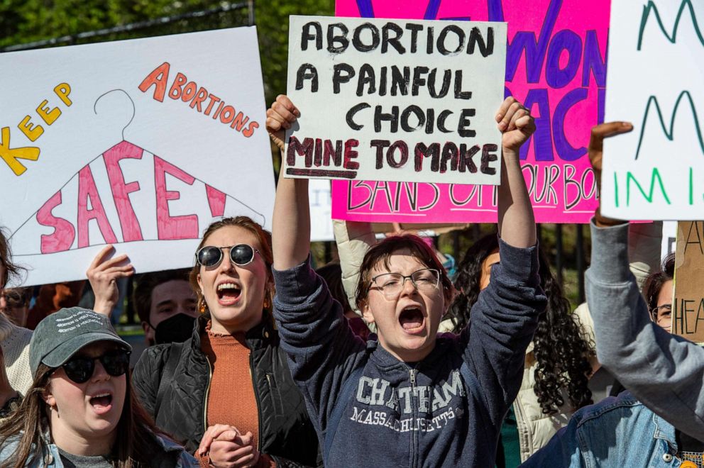 PHOTO: Pro-choice demonstrators rally outside the State House during a Pro-Choice Mother's Day Rally in Boston, May 8, 2022. 