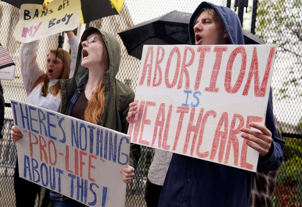 PHOTO: Demonstrators protest outside of the U.S. Supreme Court, May 6, 2022, in Washington, D.C., after a draft opinion suggested the U.S. Supreme Court could be poised to overturn the Roe v. Wade case that legalized abortion nationwide.