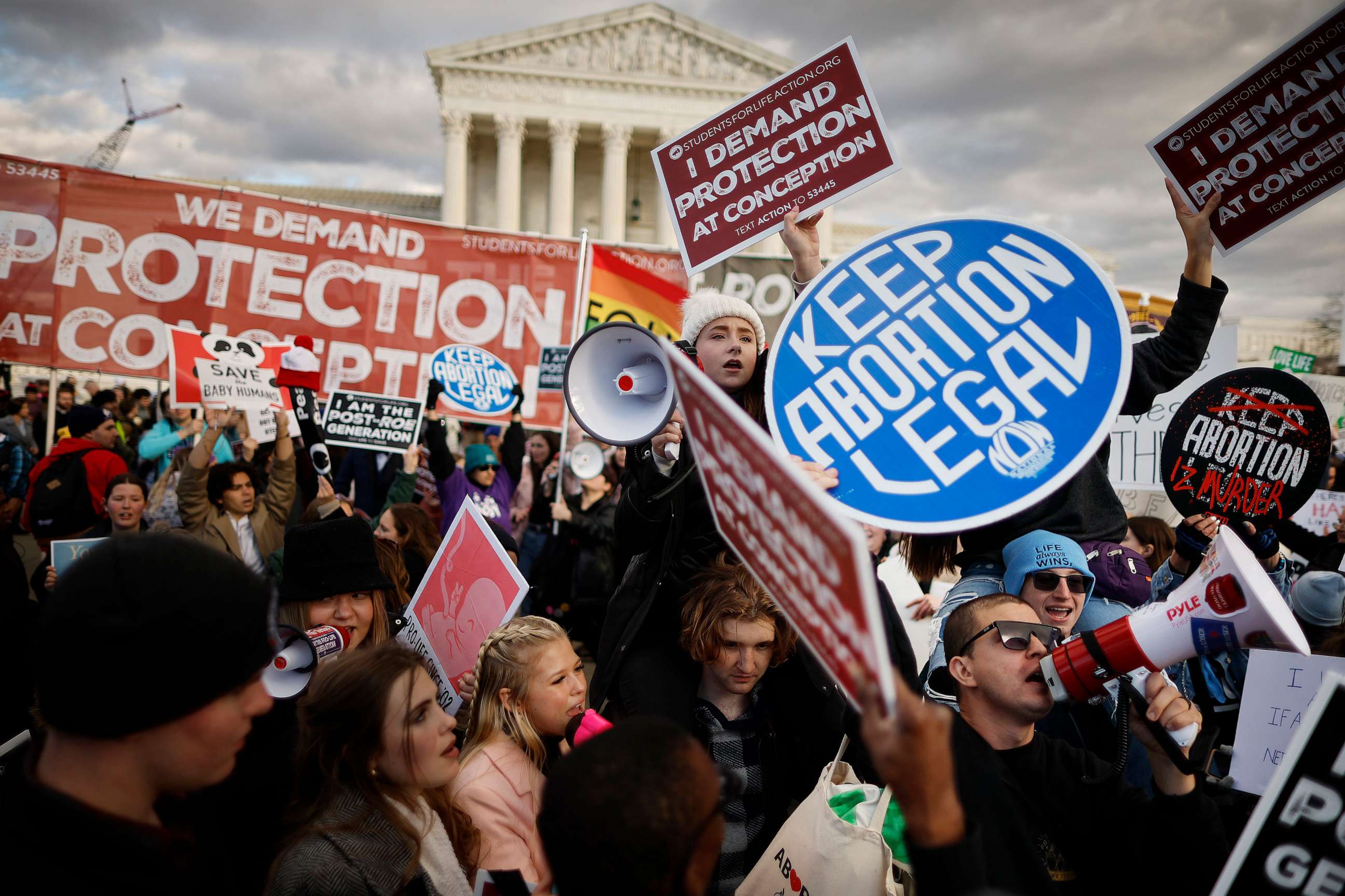 PHOTO: Anti-abortion and abortion rights activists protest during the 50th annual March for Life rally in front of the U.S. Supreme Court on January 20, 2023 in Washington, DC.