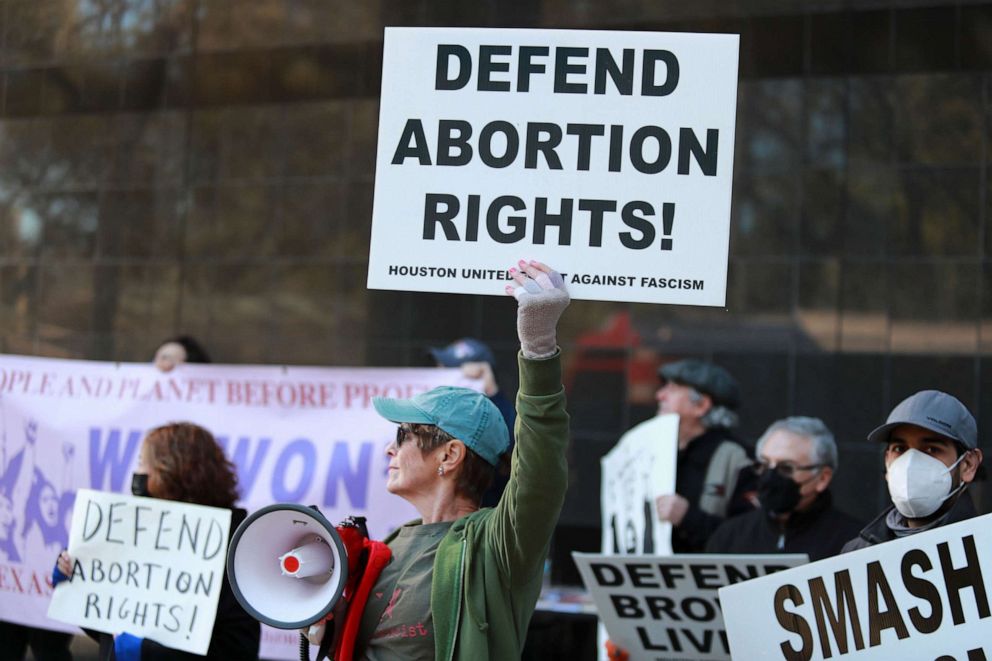 PHOTO: Abortion rights advocates demonstrate in front of the federal courthouse in downtown Houston, Jan. 22, 2023, on the fiftieth anniversary of Roe v. Wade.