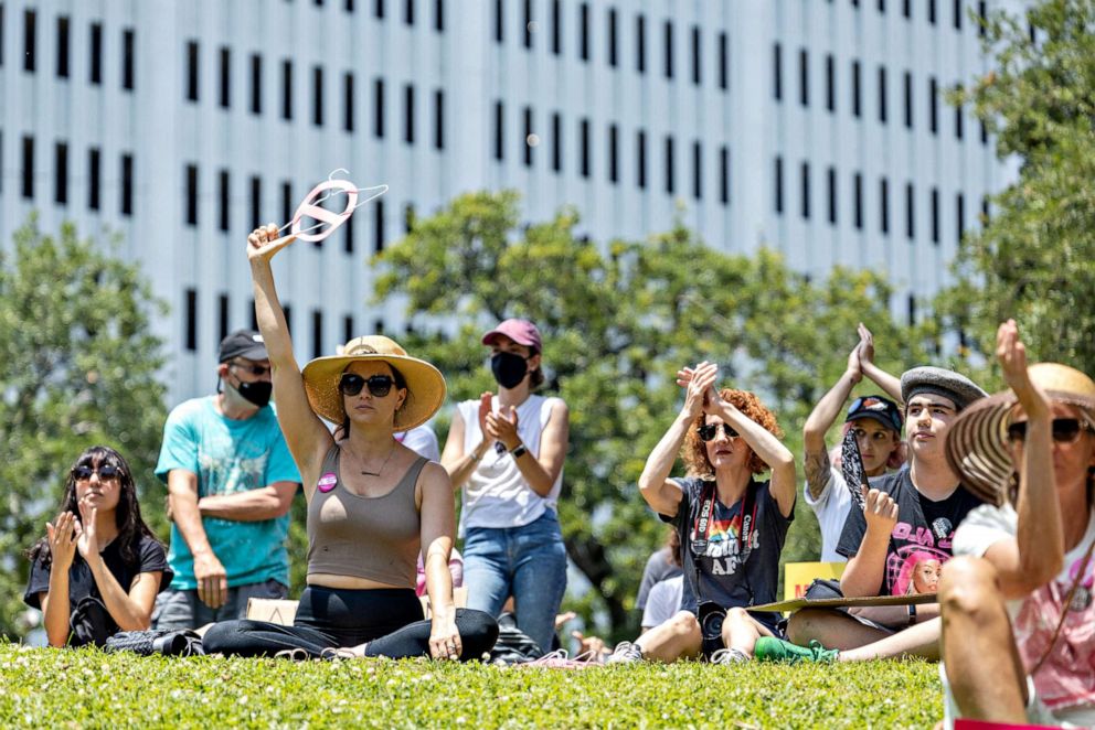 PHOTO: Abortion rights campaigners participate in nationwide demonstrations following the leaked Supreme Court opinion suggesting the possibility of overturning the Roe v. Wade abortion rights decision, at Duncan Plaza in New Orleans, May 14, 2022.