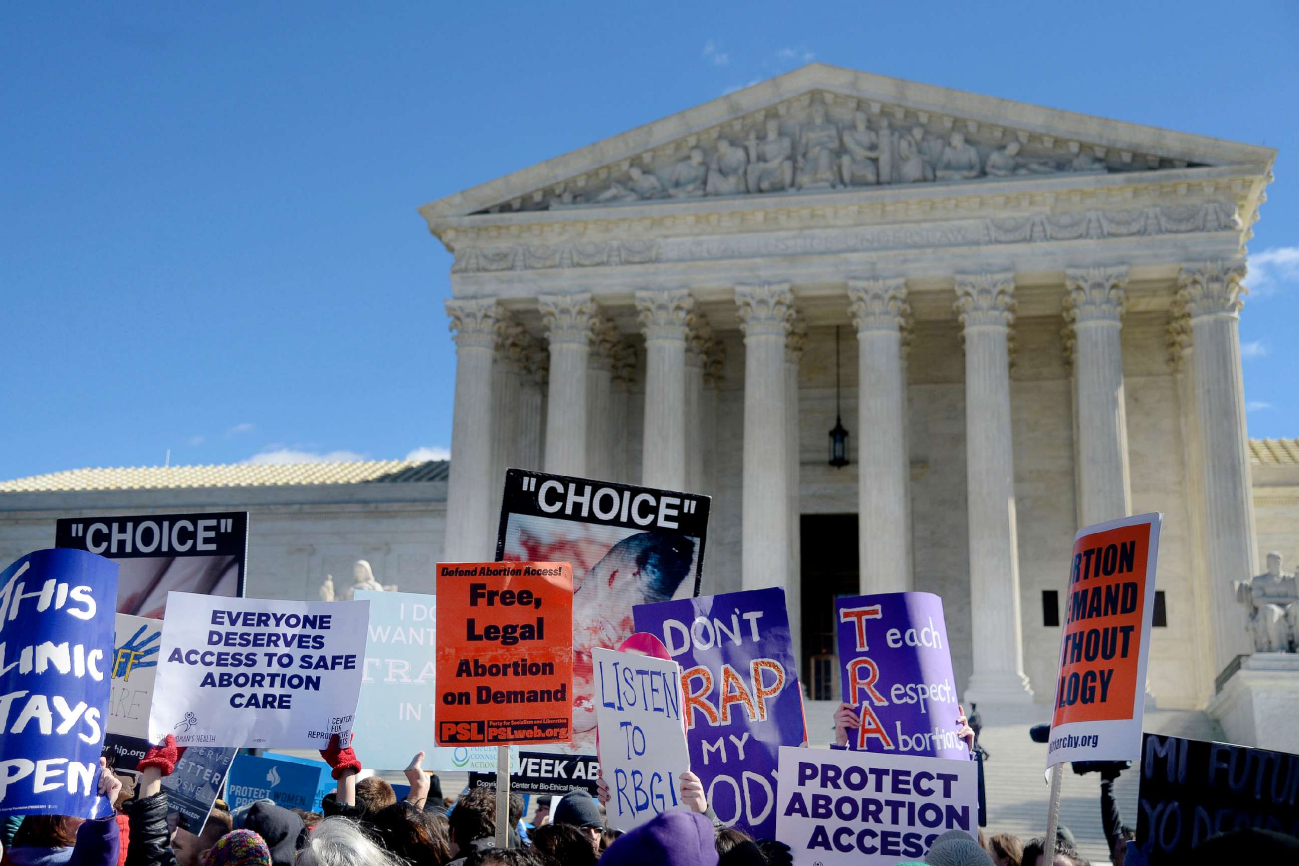 PHOTO: Supporters of legal access to abortion, as well as anti-abortion activists, rally outside the Supreme Court in Washington, March 2, 2016, as the Court hears oral arguments in the case of Whole Woman's Health v. Hellerstedt.