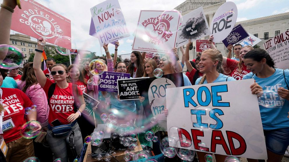 PHOTO: FILE - Anti-abortion activists celebrate, June 24, 2022, in Washington, after the Supreme Court ended constitutional protections for abortion.