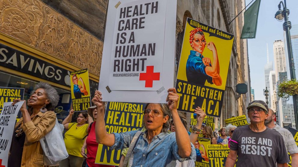 PHOTO: Activists marched to the offices of Senators Schumer and Gillibrand in New York, Sept. 5, 2017, carrying a giant lunchbox filled with messages from constituents that urged them to get "Save Our Healthcare.