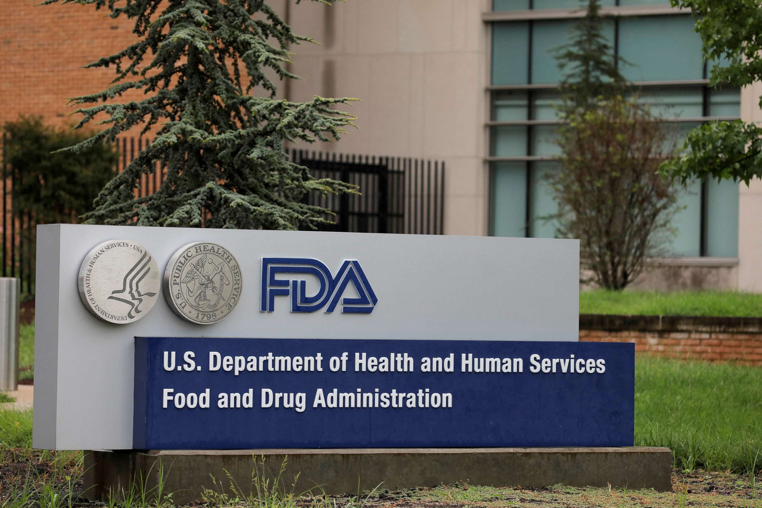 PHOTO: Signage is seen outside of the Food and Drug Administration (FDA) headquarters in White Oak, Md, Aug. 29, 2020.
