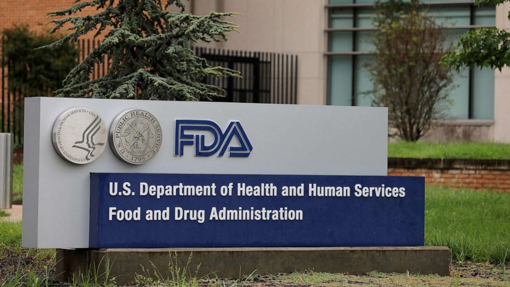 PHOTO: Signage is seen outside of the Food and Drug Administration (FDA) headquarters in White Oak, Md, Aug. 29, 2020.