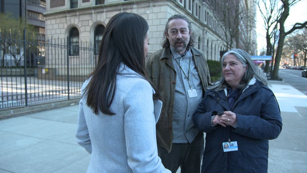 PHOTO: Adolfo Garcia-Sastre and his wife, Dr. Ana Fernandez-Sesma, both virologists, speak to ABC News' Eva Pilgrim about their work finding a treatment for novel coronavirus at the Quantitative Biosciences Institute.