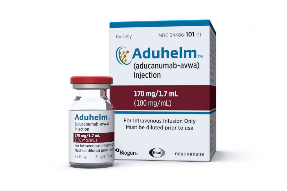 PHOTO: This image provided by Biogen on Monday, June 7, 2021, shows a vial and packaging for the Alzheimer's drug Aduhelm.