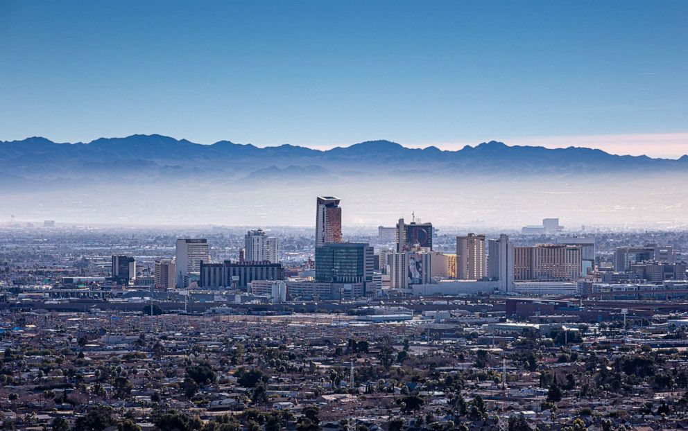 PHOTO: In this Jan. 11, 2022, file photo, a layer of smog can be viewed to the east of The Vegas Strip in Las Vegas.